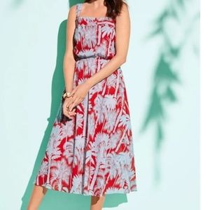 Talbots Oasis Palm Voile Fit & Flare Midi Dress Orange zinnia/salt blue 6 petite